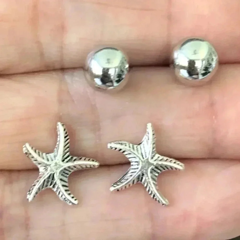 8mm Ball Studs & Starfish Stud Stainless Steel Earrings NWT